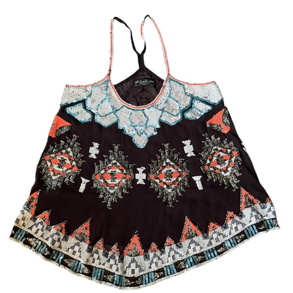 All Saints Spitalfields Luxe Sheer Silk Sequin Native American Southwestern Top - Picture 1 of 8